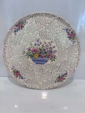 Platter Dish Floral Pattern Cross Stitch Gold Trim 10” Vintage H&K Tunstall
